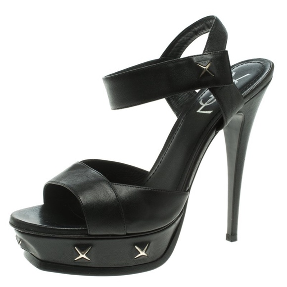 YSL Saint Laurent Black Studded Leather Platform Sandals - Picture 2 of 7